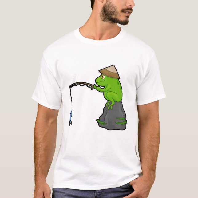 Frog on Stone at Fishing with Fishing rod & Fish T-Shirt (Front)