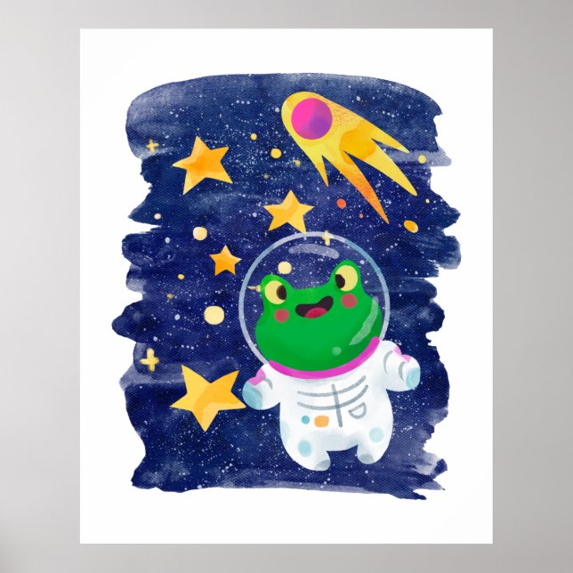 Frog Outer Space Astronaut Comet Stars Kids Room Poster (Front)