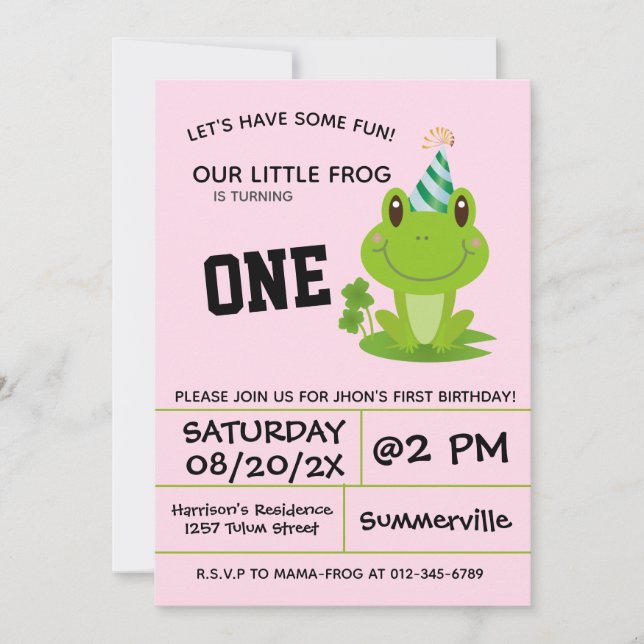 Frog Party 1st Birthday Pink Invitation (Front)