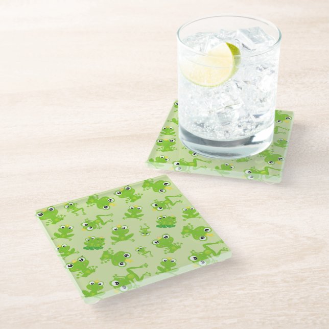 Frog Pattern, Cute Frogs, Green Frogs, Frog Prince Glass Coaster (Angled)