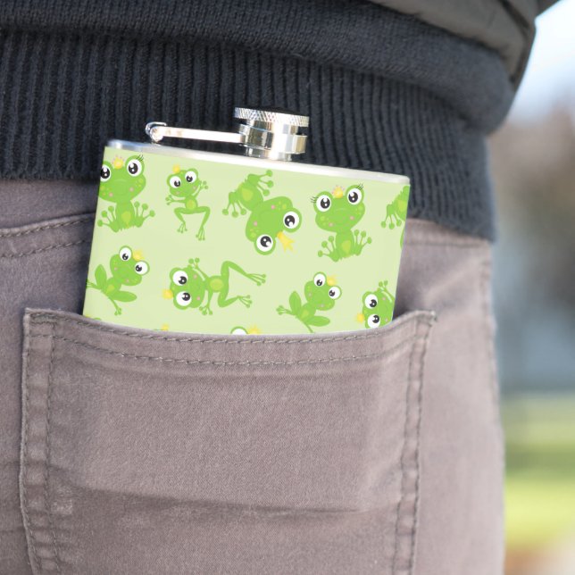 Frog Pattern, Cute Frogs, Green Frogs, Frog Prince Hip Flask (In Situ)
