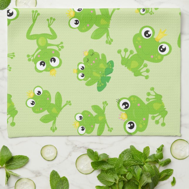 Frog Pattern, Cute Frogs, Green Frogs, Frog Prince Tea Towel (Folded)