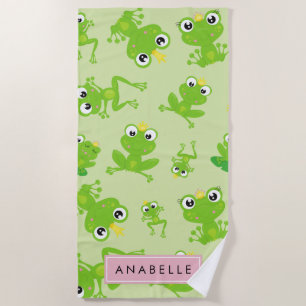 Frog Pattern, Green Frogs, Frog Prince, Your Name Beach Towel