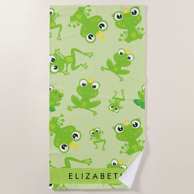 Frog Pattern, Green Frogs, Frog Prince, Your Name Beach Towel (Front)