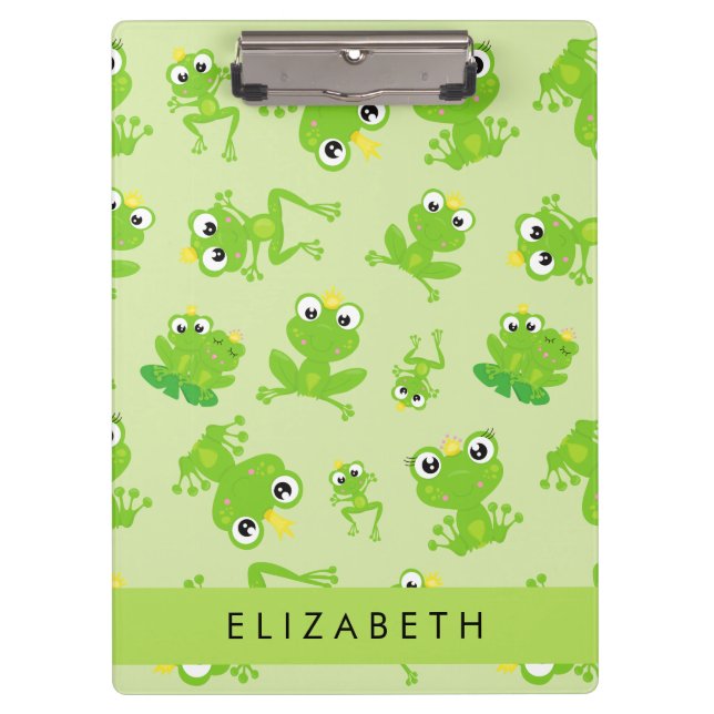 Frog Pattern, Green Frogs, Frog Prince, Your Name Clipboard (Front)