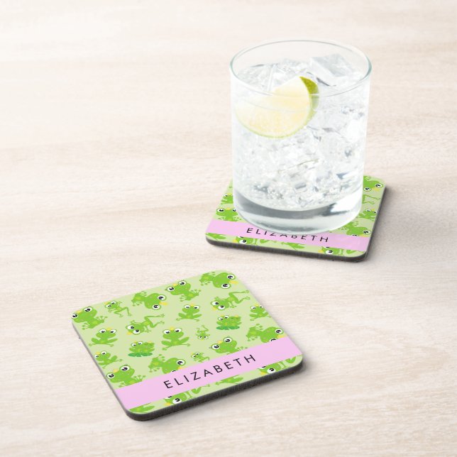 Frog Pattern, Green Frogs, Frog Prince, Your Name Coaster (Right Side)