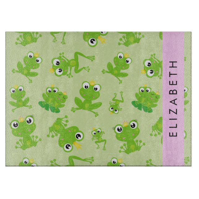Frog Pattern, Green Frogs, Frog Prince, Your Name Cutting Board (Front)
