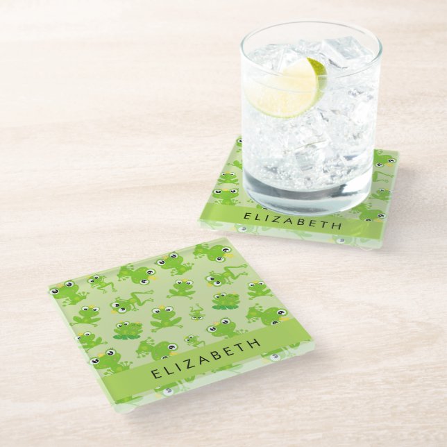 Frog Pattern, Green Frogs, Frog Prince, Your Name Glass Coaster (Angled)