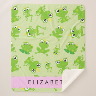 Frog Pattern, Green Frogs, Frog Prince, Your Name Sherpa Blanket