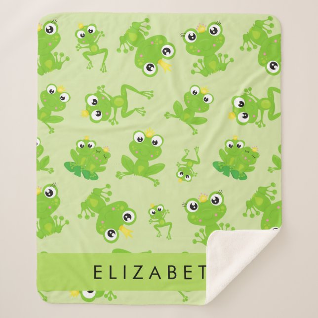 Frog Pattern, Green Frogs, Frog Prince, Your Name Sherpa Blanket (Front)