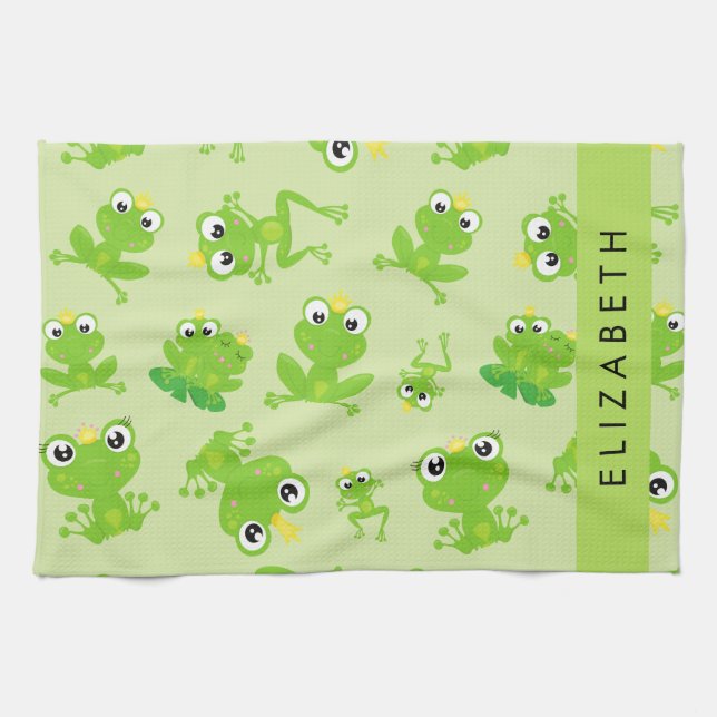 Frog Pattern, Green Frogs, Frog Prince, Your Name Tea Towel (Horizontal)