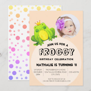 Frog Photo Birthday Pink 1st Party Cute Polka Dots Invitation