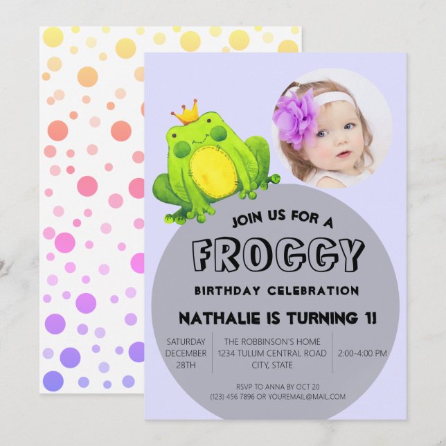 Frog Photo Birthday Pink 1st Party Cute Polka Dots Invitation (Front/Back)