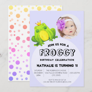 Frog Photo Birthday Pink 1st Party Cute Polka Dots Invitation