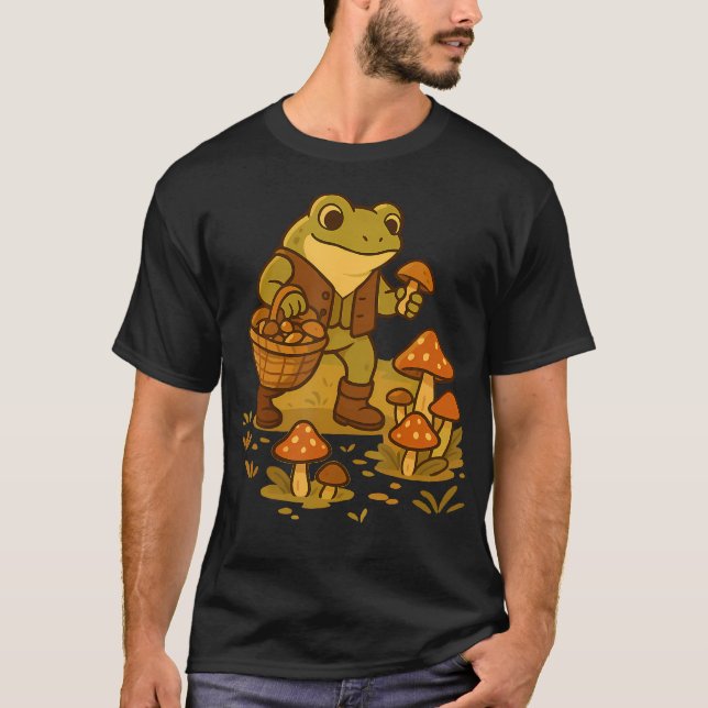 Frog Picking Mushrooms In Forest T-Shirt (Front)