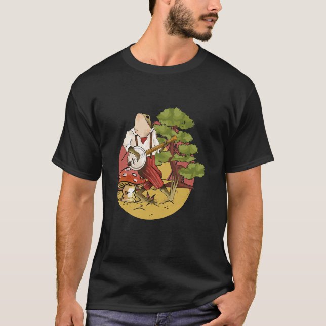 Frog Playing Banjo on a Mushroom cute Frog T-Shirt (Front)