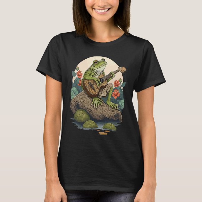 Frog Playing Guitar  Frog Banjo On Log Aesthetic F T-Shirt (Front)