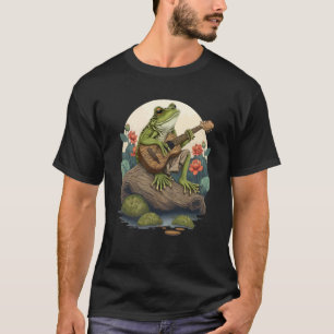 Frog Playing Guitar Frog Banjo On Log Aesthetic Fo T-Shirt