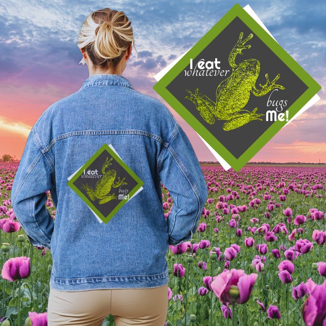 Frog positivity Denim Jacket (Woman with a denim jacket. Decoration: a frog silhouette in a diamond frame. I eat whatever bugs me)