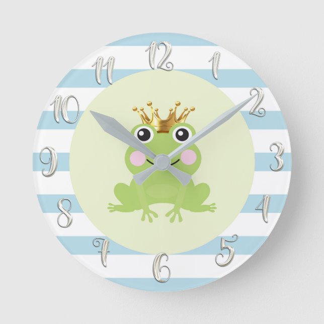 Frog Prince Gold Crown Cute Whimsical Nursery Blue Round Clock (Front)