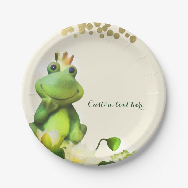 Frog Prince Green & Gold Baby Shower Custom Party Paper Plate (Front)