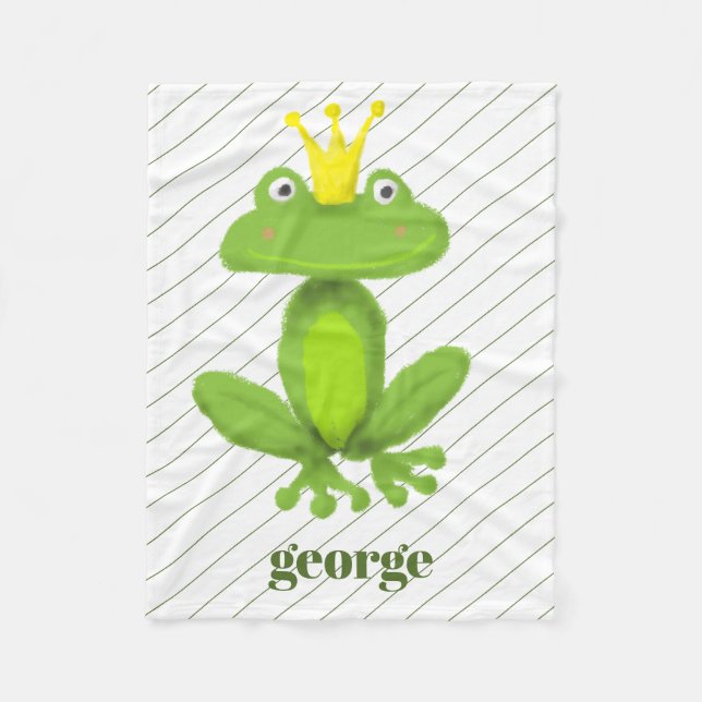 Frog Prince Green Gold Crown Custom Name Gift Fleece Blanket (Front)