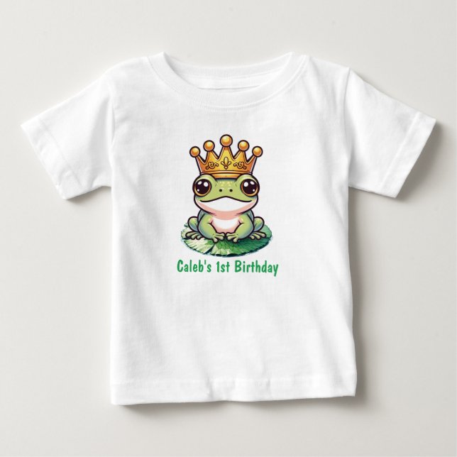 Frog Prince in Gold Crown Fairytale 1st Birthday Baby T-Shirt (Front)