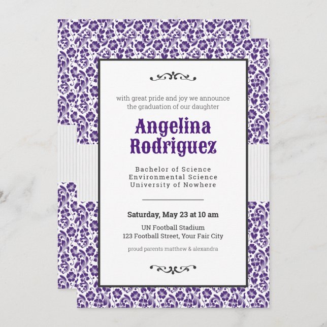 Frog Purple Floral Damask Photo Graduation Invitation (Front/Back)