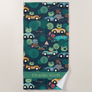 Frog Race Car Drivers Kids Personalised Beach Towel