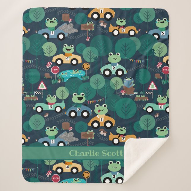Frog Race Car Drivers Kids Personalised Sherpa Blanket (Front)