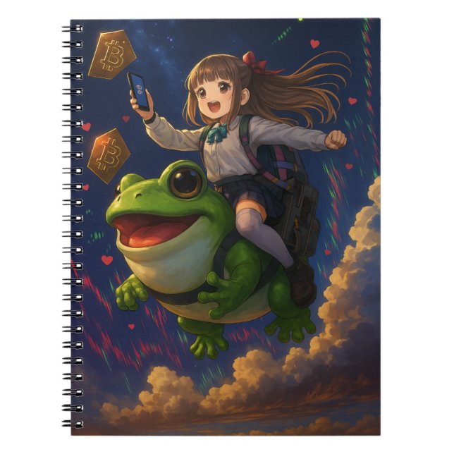 Frog-Riding Crypto Pepecoin Waifu Anime Notebook (Front)