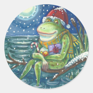 FROG SANTA ON LOG, HOLLIDAY CHRISTMAS STICKERS Rnd