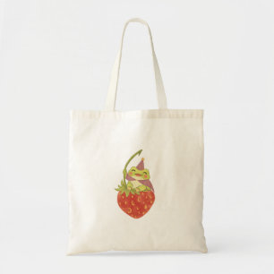 Frog Sitting on a Strawberry Cottagecore Graphic Tote Bag