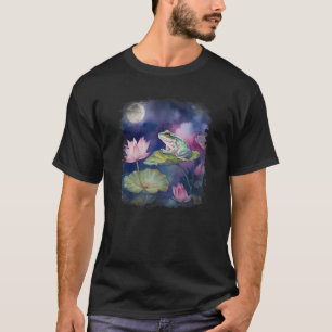 Frog sitting on lily pad flower lotus moon night T-Shirt