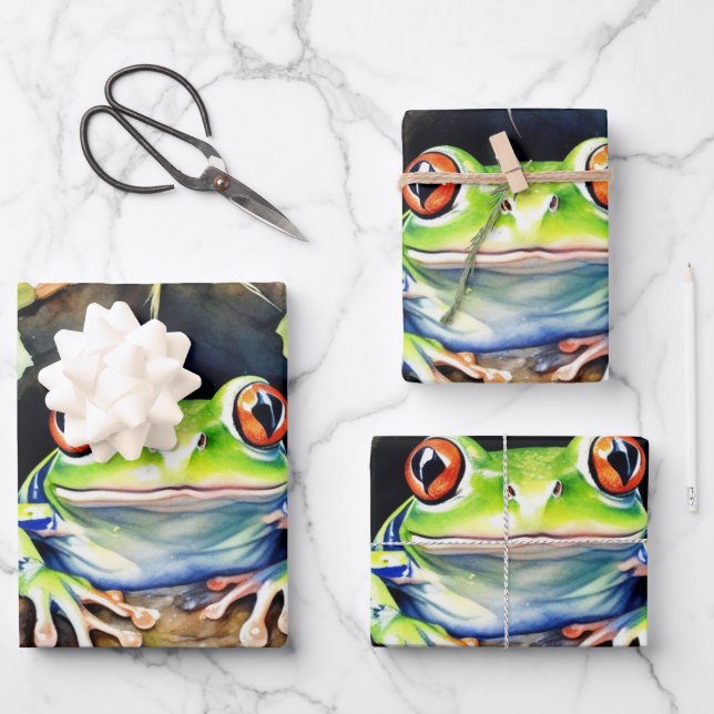 Frog Sitting on Watercolor Lily Pad Wrapping Paper Sheet (Front)