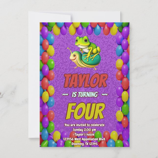 Frog Snail Personalised Birthday Invite Kids (Front)
