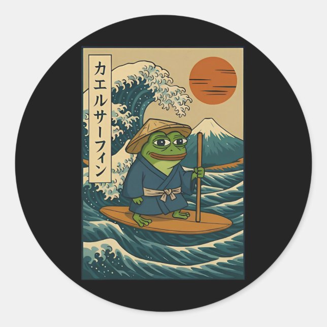 Frog Surfing Japanese _2  Classic Round Sticker (Front)