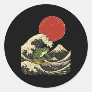 Frog Surfing Japanese Classic Round Sticker