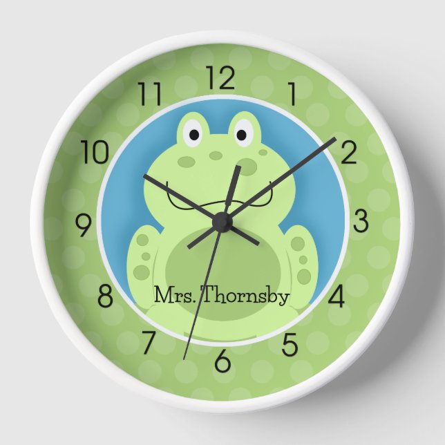 Frog Toad Green Cute Frogs Teacher Baby Wall Clock (Front)