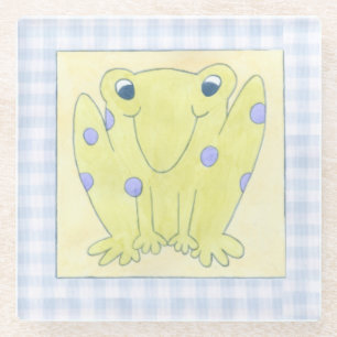 Frog Trio on Gingham Cloth Glass Coaster