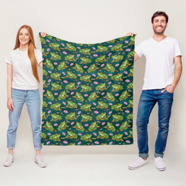 Frog Tropical Lily Pad Dragonfly Fish Pond Pattern Fleece Blanket (In Situ)