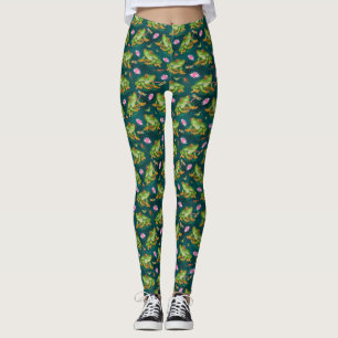 Frog Tropical Lily Pad Dragonfly Fish Pond Pattern Leggings