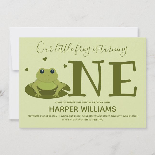 Frog Turning One Green Animal First Birthday Invitation (Front)
