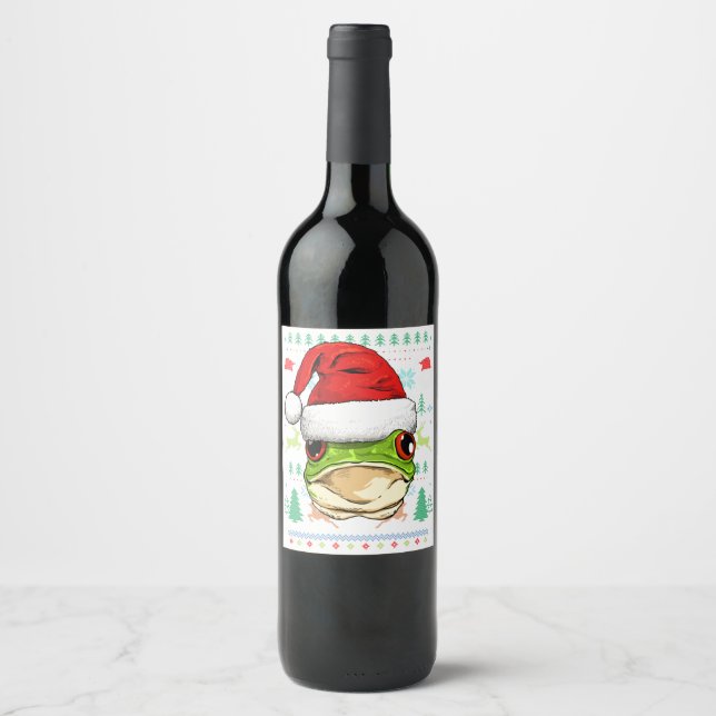 Frog Ugly Christmas Santa Hat Xmas Kids Boys Girls Wine Label (Front)