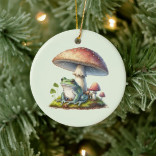 Frog Under a Mushroom Cute Nature Ceramic Tree Decoration