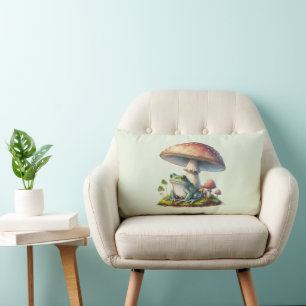 Frog Under a Mushroom Cute Nature Lumbar Cushion