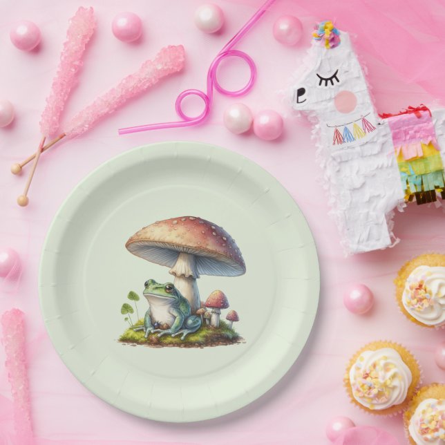 Frog Under a Mushroom Cute Nature Paper Plate (Party)