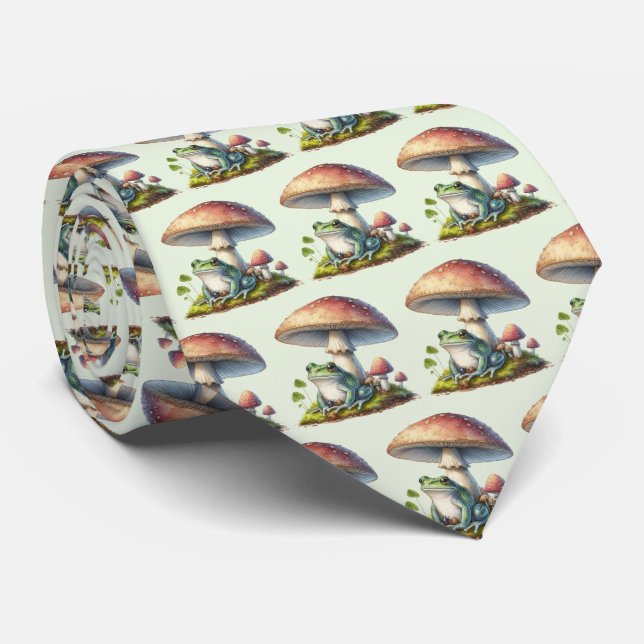 Frog Under a Mushroom Cute Nature Pattern Tie (Rolled)