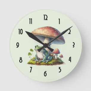 Frog Under a Mushroom Cute Nature Round Clock