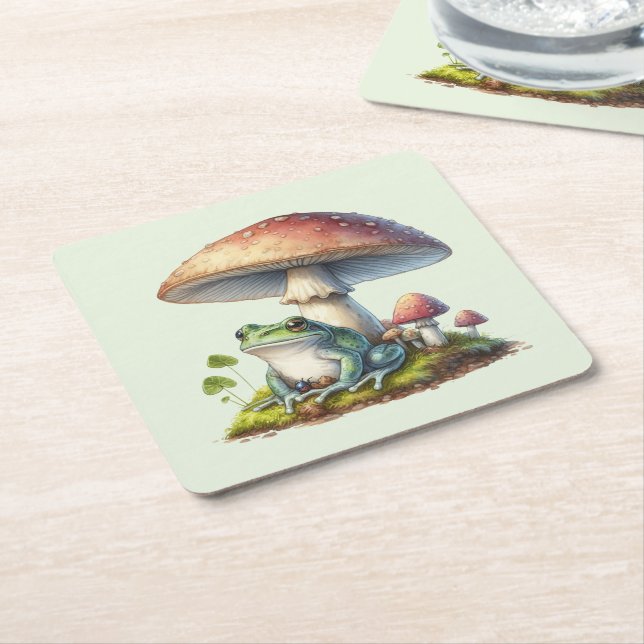 Frog Under a Mushroom Cute Nature Square Paper Coaster (Angled)